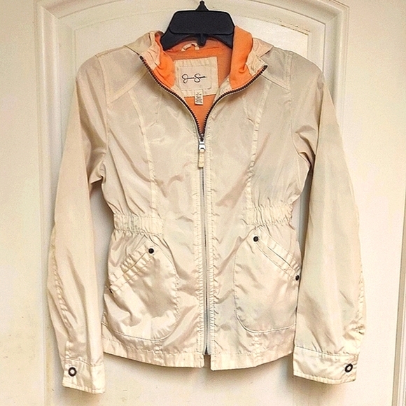 EUC JESSICA SIMPSON WHITE WINDBREAKER WITH PINK LIINING WITH HOOD SIZE L 14/16 - Picture 3 of 6
